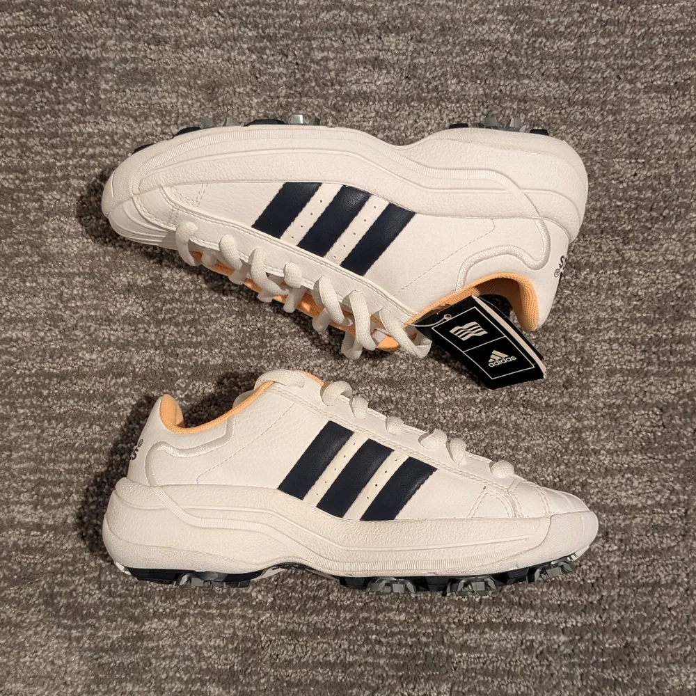 Vintage Adidas Brady K Custard Yellow/White/Navy Three Stripe Golf Shoes 547464 - Picture 7 of 11